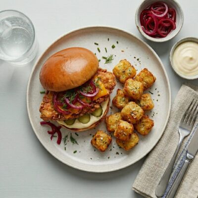 Crispy chicken burger m. kartofler