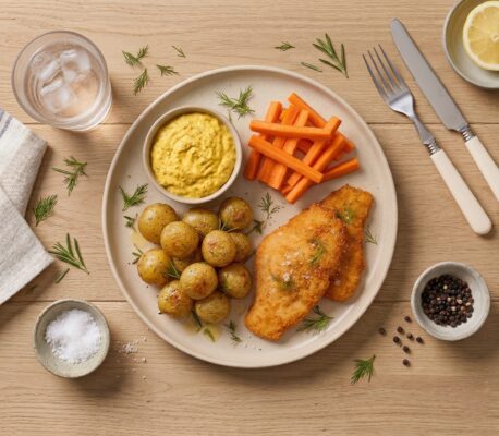 Fiskefilet m. remoulade, stegte kartofler og gnave gulerødder 🐟