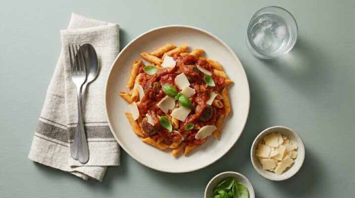 Børnevenlige ala "kød"boller i tomatsauce m. pasta og parmesan