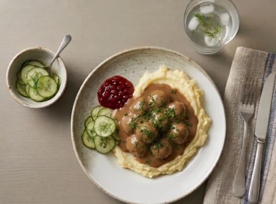 Svenske kødboller m. kartoffelmos, flødesauce, tyttebær og agurkesalat
