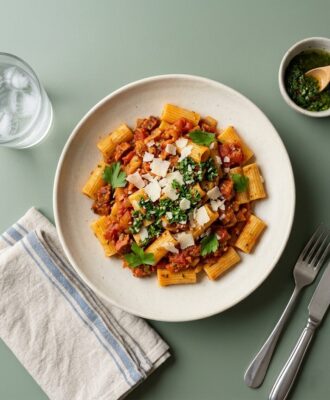 Rigatoni i krydret chorizosauce, parmesan og chimichurri