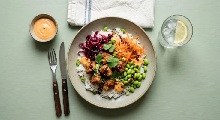 Crispy Chicken Poké Bowl m. jasminris, teriyaki, syltet rødkål, gulerødder, edamame & sriracha mayo🥗