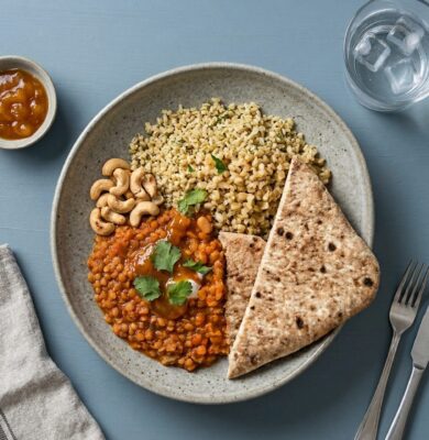 Indisk linsegryde m. bulgur, naan, chutney og peanuts