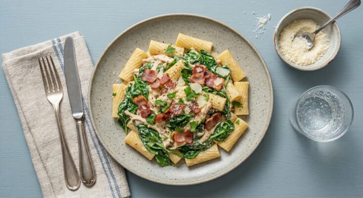 Rigatoni pasta i parmesan-flødesauce med kylling, bacon og spinat