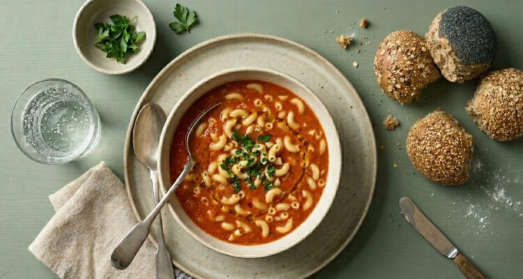 Tomatsuppe m. suppehorn, crème fraiche, croutoner og brydebrød🌱