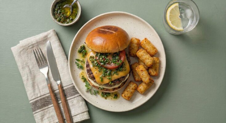 Burger m. chimichurri og pommes frites