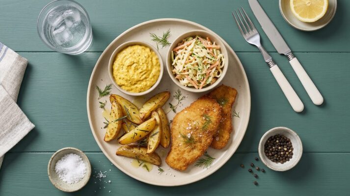 Fiskefilet m. kartoffelbåde, coleslaw og remoulade