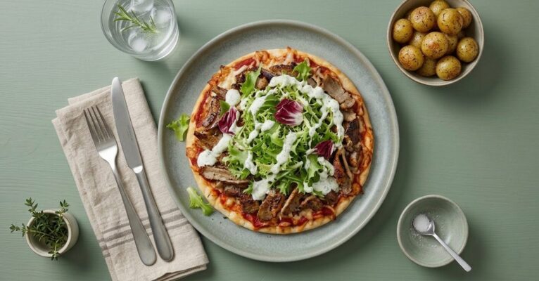 Salat pizza m. kebab, salat og sprøde kartofler