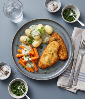Fiskefilet m. persillesauce, kartofler og gnave gulerødder