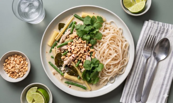 Tom Ka Gai med nudler og peanuts