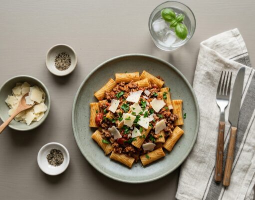 Rigatoni Bolognese m. oksekød og parmesan