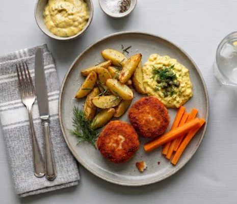 Fiskefrikadeller m. remoulade, kartoffelbåde og gnave gulerødder