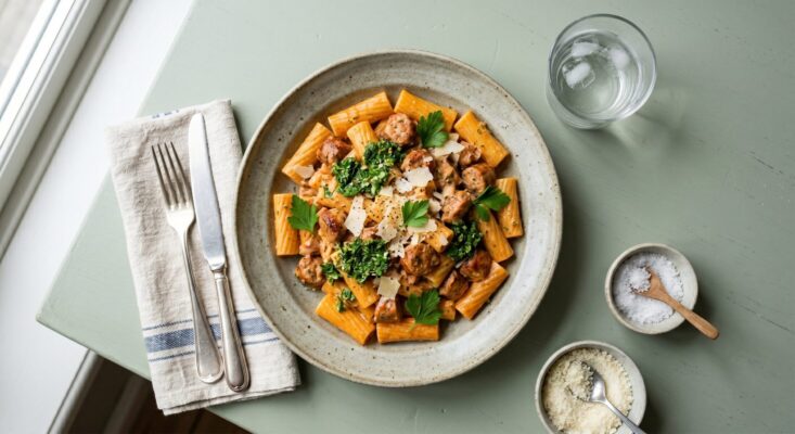 Rigatoni med pølser i mild flødesauce og urtepesto