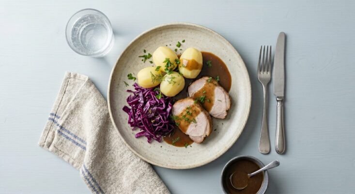 Kamfilet m. sauce, kartofler og syltet rødkål