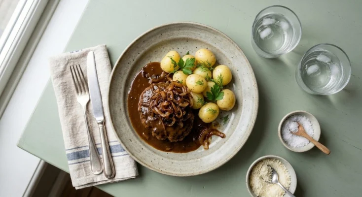 Hakkebøf med bløde løg, sauce og kartofler