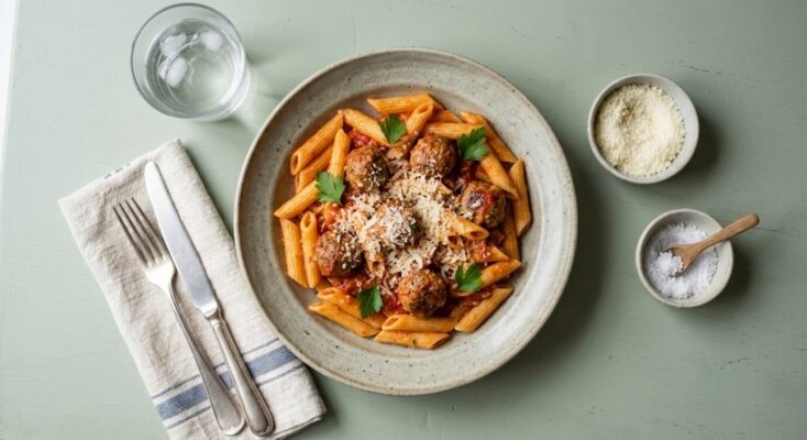 Kødboller i tomatsauce m. pasta og parmasan 🥗