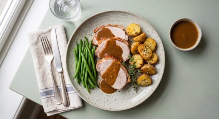 Stegt svinekam m, favoritsauce, stegte kartofler og bønner