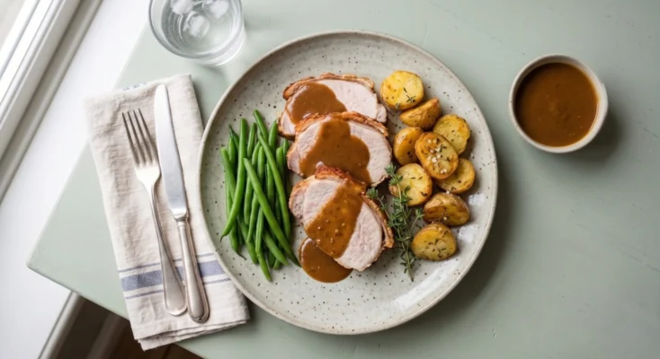 Stegt svinekam m, favoritsauce, stegte kartofler og bønner