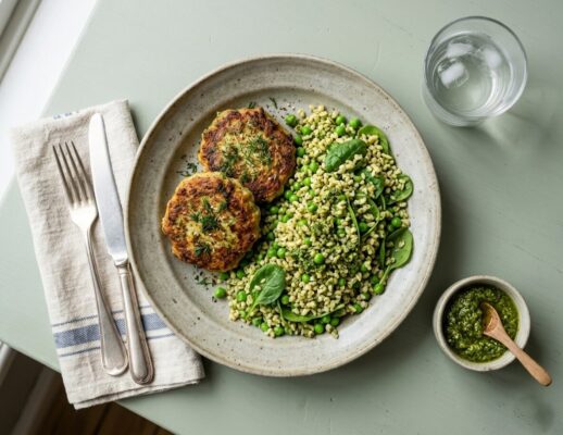 Grøntsagsdelle m. salat af ærter, pesto, spinat og bulgur