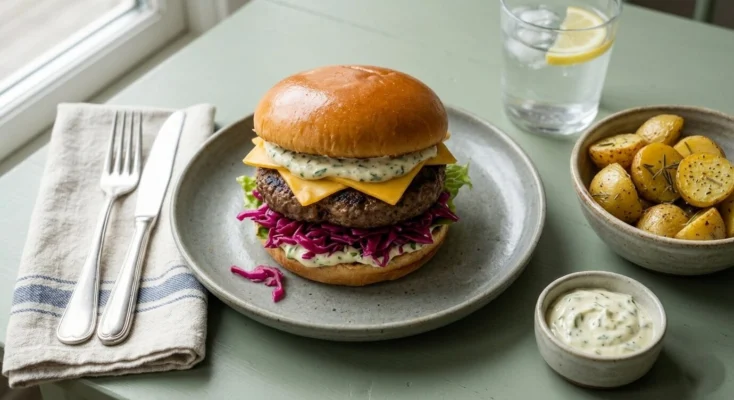Burger med oksekød, estragonmayo & syltet rødkål