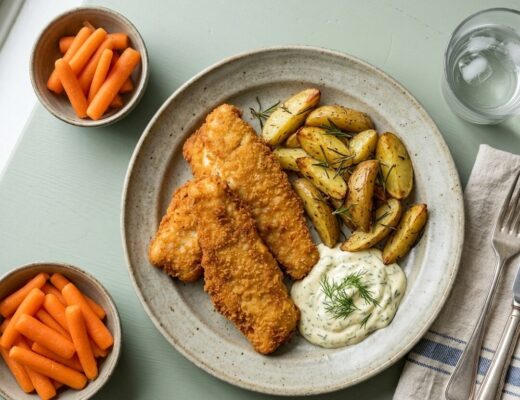 Fiskefilet m. citron-dild mayo, kartoffelbåde og gnave gulerødder 🐟