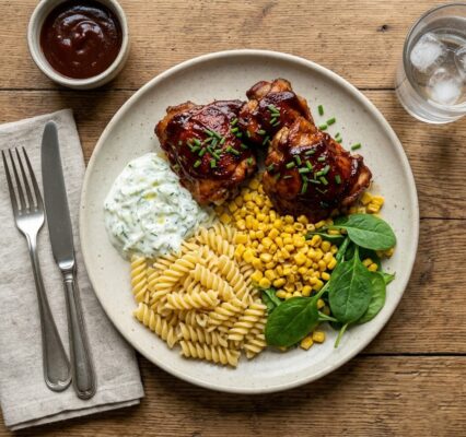 BBQ-kylling m. pasta, spinat og tzatziki