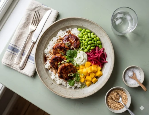 Asian Fish Bowl m. jasminris, mild teriyaki sauce, edamame, lime mayo, syltede rødløg og mango 🐟