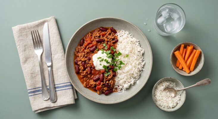 Chili con carne m. ris, creme fraiche og gnave gulerødder