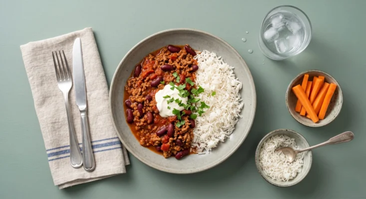 Chili con carne med ris, creme fraiche og gnave gulerødder