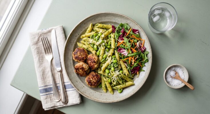 Oksefrikadeller m. pasta, pesto, edamame og salat