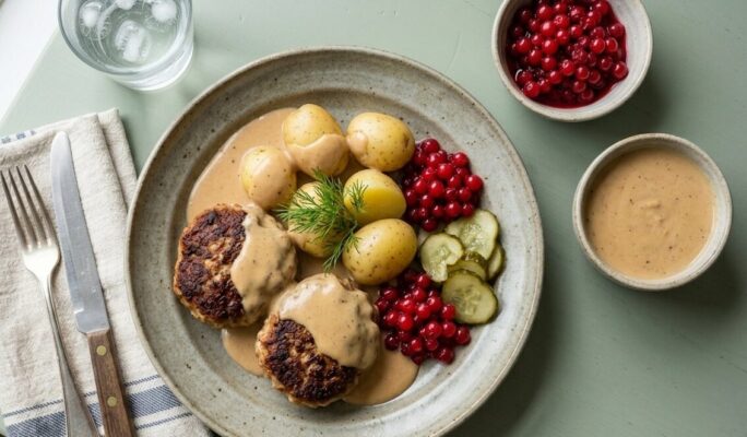 Gl. dags Frikadeller m. kogte kartofler, råsyltede ribs, agurkesalat og flødesauce