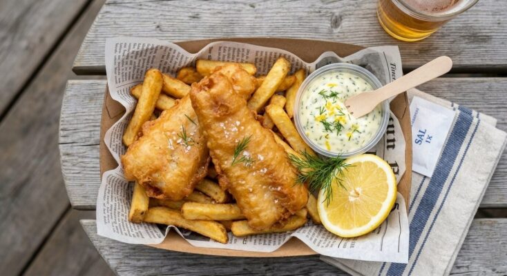 Streetfood-style fish and chips m. pommes og citron-dild mayo