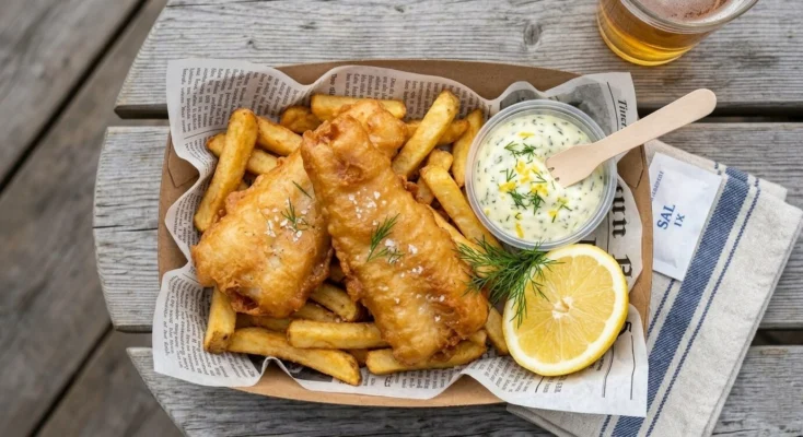 Streetfood-style fish and chips m. pommes og citron-dild mayo🐟