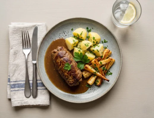 Gl. dags farseret porre med brun sauce, kartofler og bagte pastinakker