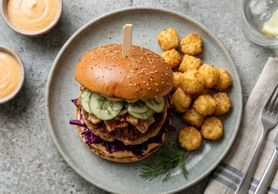 Frikadelle sandwich med rødkål og sennep