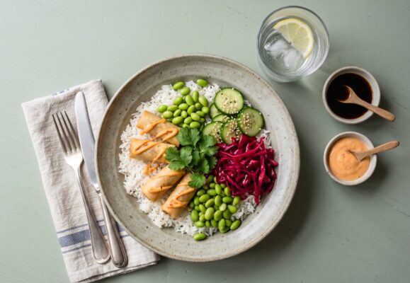 Crispy Spring Roll Bowl med teriyaki, chili mayo, jasminris og asiatisk agurkesalat (let spicy)