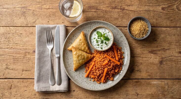 Samosa med tzatziki, rød bulgur og gulerødder