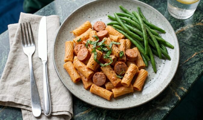 Rigatoni med pølser i mild flødesauce og bønner