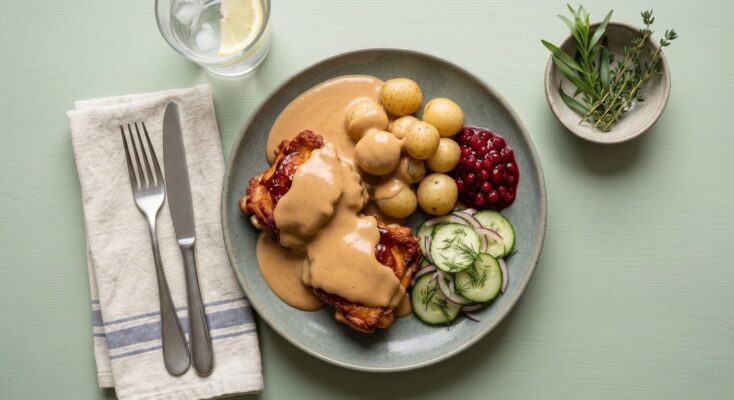 BBQ kylling m. kogte kartofler flødesauce m. sødt og surt