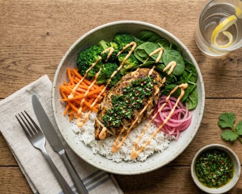 Chimichurri Chicken Bowl m. jasminris, broccoli, spinat, syltede gulerødder, rødløg og sriracha mayo