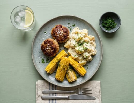 Frikadeller m. cremet kartoffelsalat og majs