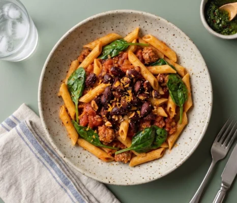 Pasta med krydret chorizoragout, spinat og mandelknas 🥗