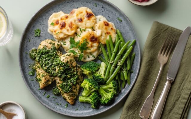 Urtemarineret kylling m. flødekartofler, broccoli og bønner