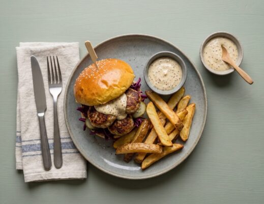 Gammeldags frikadelleburger med rødkål, syltede agurker og grove fritter