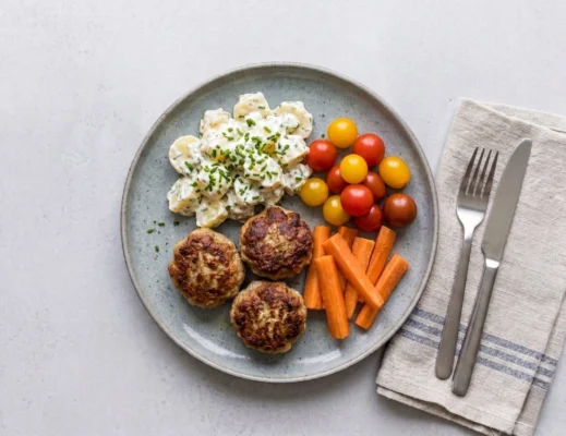 Frikadeller m. cremet kartoffelsalat, tomat og gulerødder