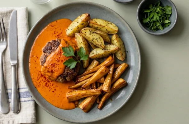 Græsk farsbrød m. kartoffelbåde, favoritsauce og honningbagte pastinakker