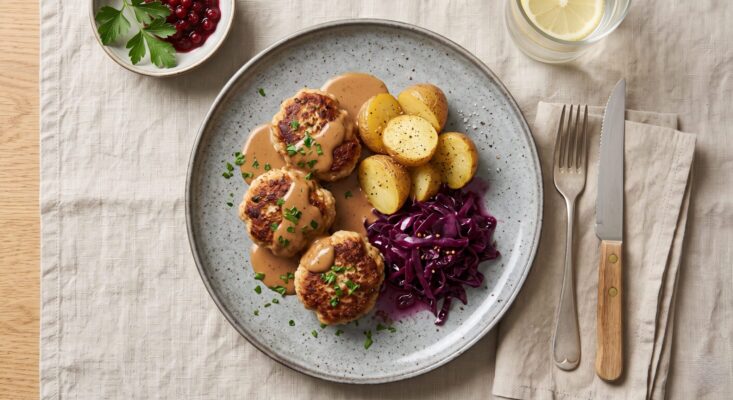 Pandefrikadeller m. flødesauce, kartofler og gl. dags rødkål
