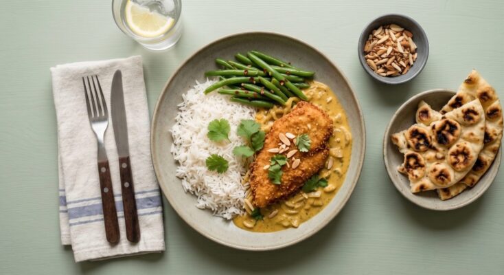 Crispy Chicken Korma m. basmatiris, naan og grønne bønner (denne kan forekomme let spicy)