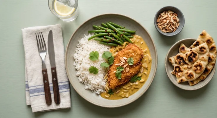 Crispy Chicken Korma m. basmatiris, naan og grønne bønner🌶️