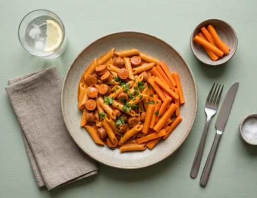 Pasta med pølser i mild flødesauce og gnave gulerødder